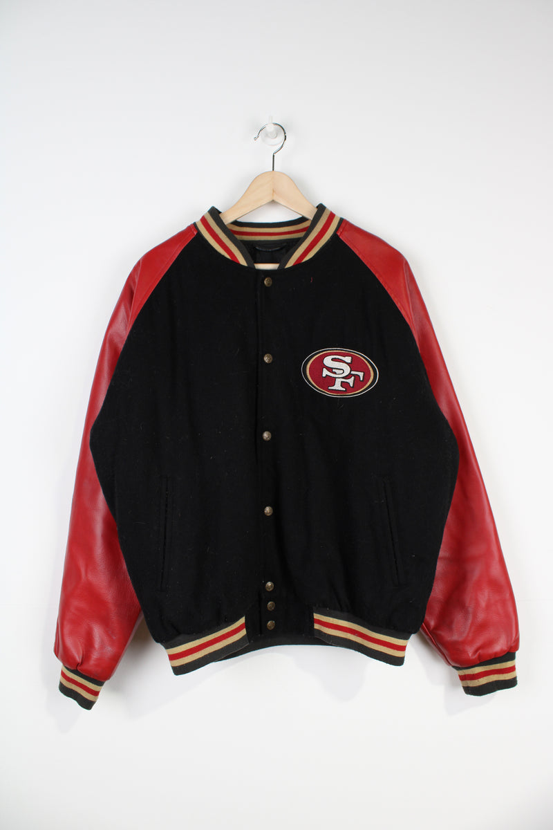 Vintage San Francisco 49ers red wool varsity jacket with black pleather sleeves and embroidered details