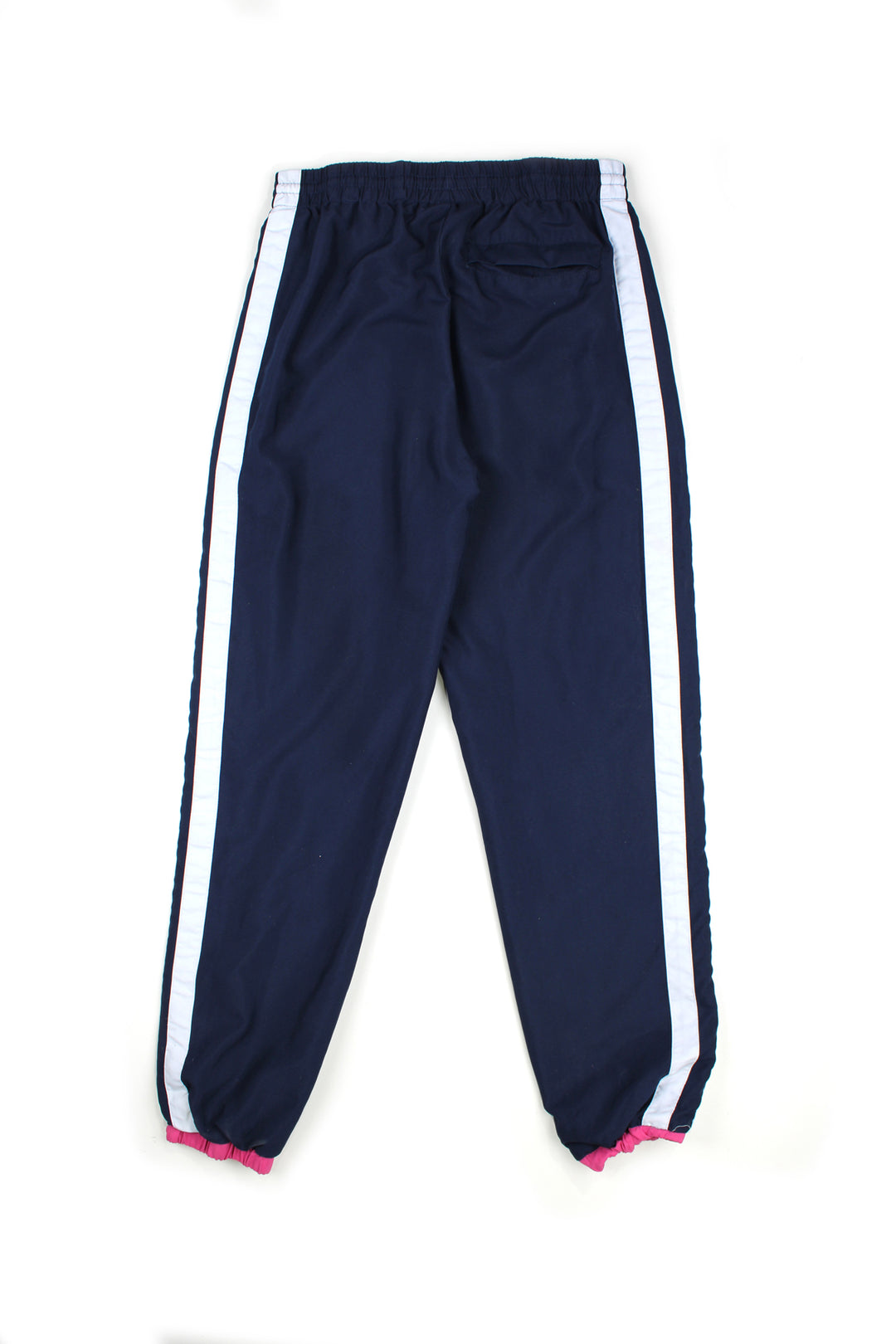 Vintage 00's Fila blue tracksuit bottoms with white stripes down the side and embroidered logo, also has a elasticated waist and pink cuffs at the bottom. 