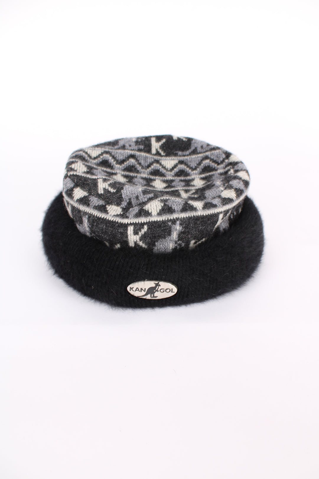 Vintage made in Great Britain Kangol black and grey patterned wool beanie / porkpie hat features embossed metal logo on front 