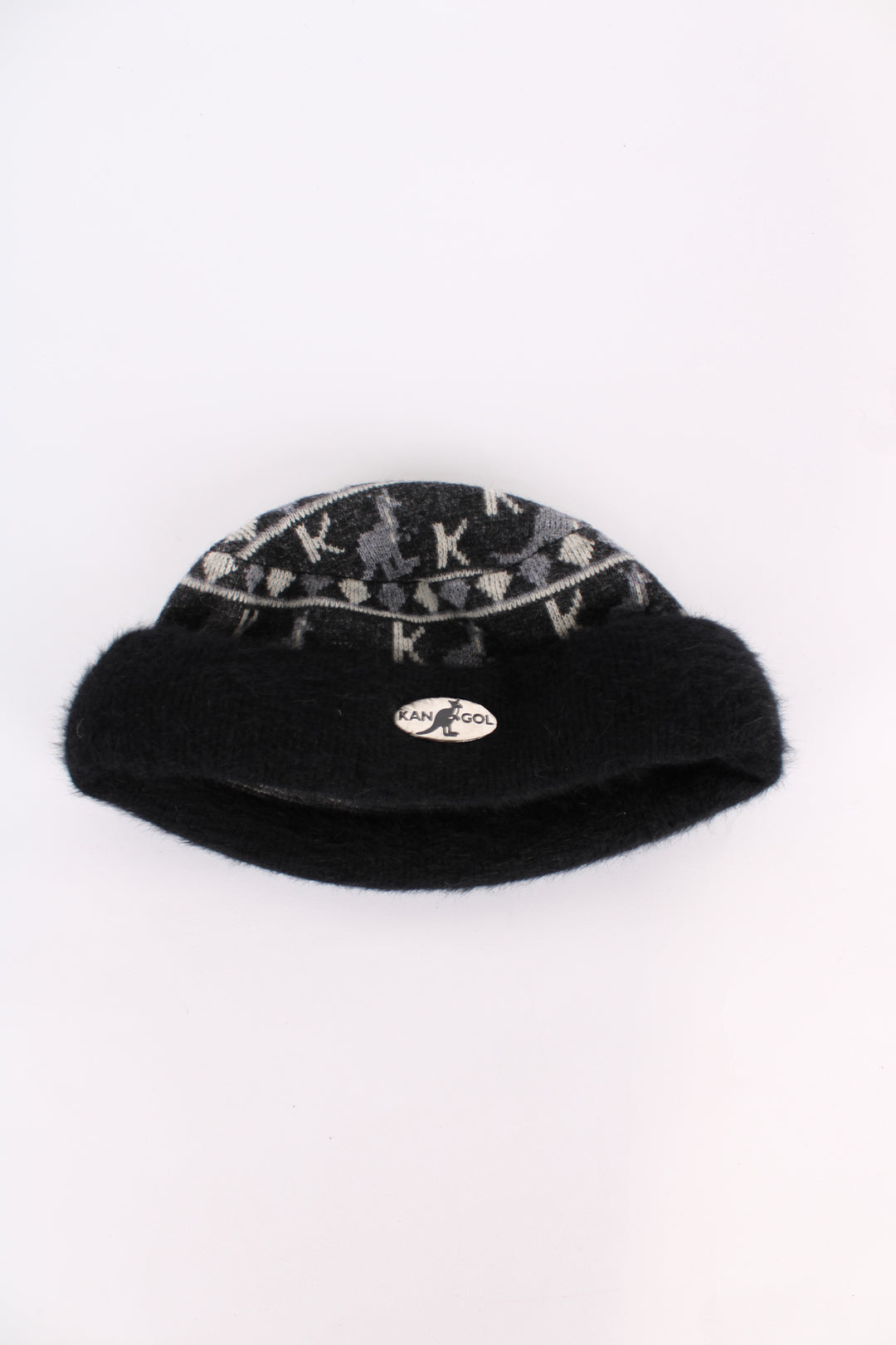 Vintage made in Great Britain Kangol black and grey patterned wool beanie / porkpie hat features embossed metal logo on front 