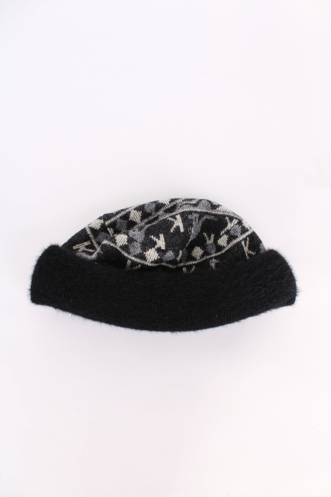 Vintage made in Great Britain Kangol black and grey patterned wool beanie / porkpie hat features embossed metal logo on front 