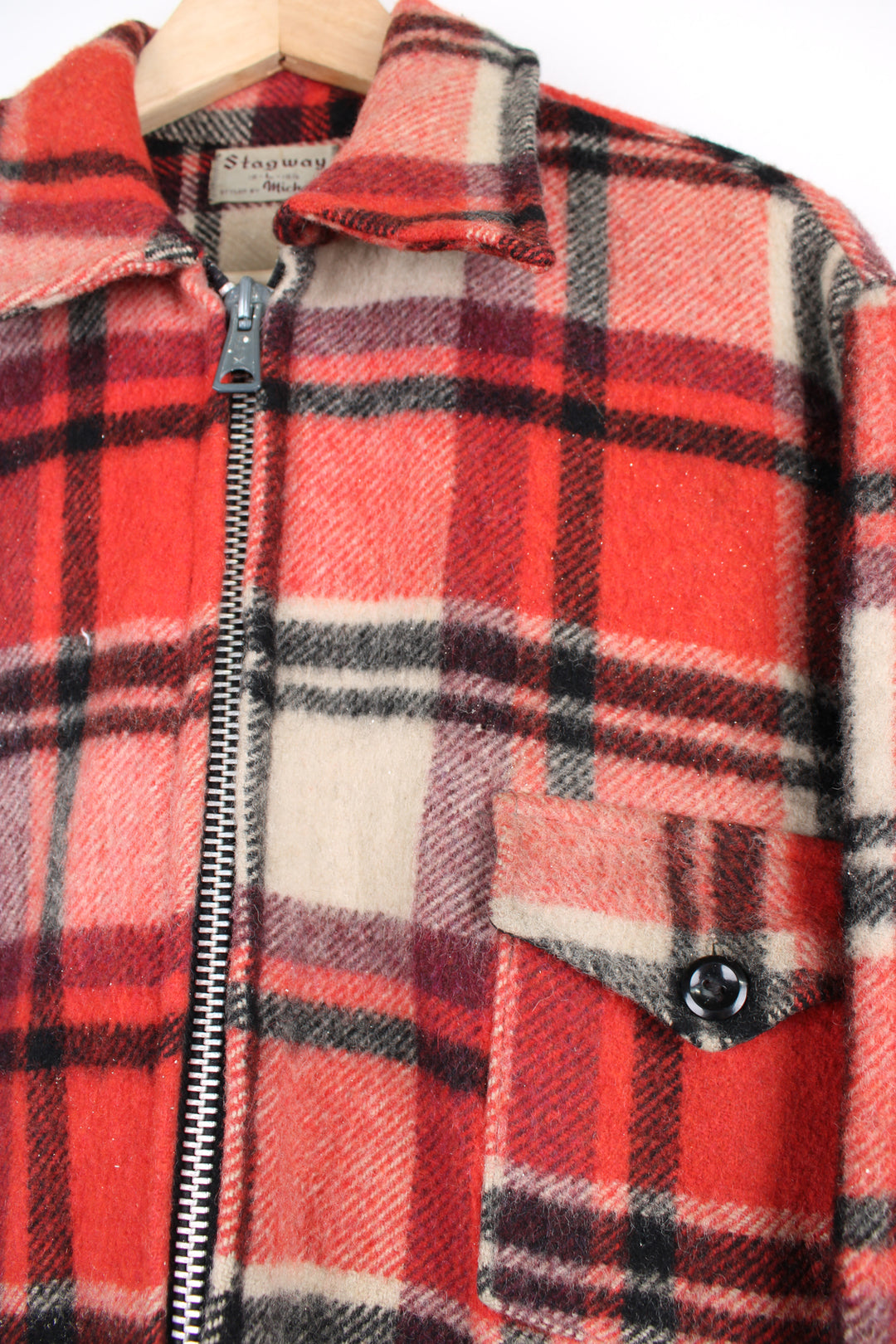 Vintage 60's Stagway Flannel Jacket in a red, black and tanned colourway, woollen, zip up with a big collar and has multiple pockets.