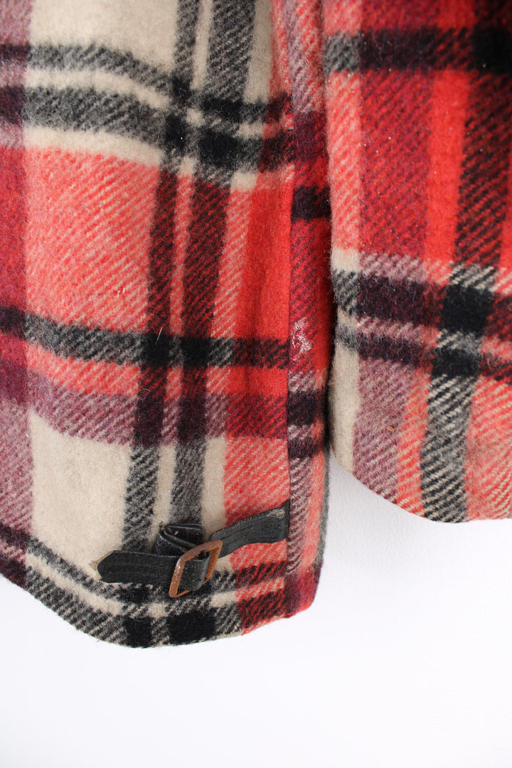 Vintage 60's Stagway Flannel Jacket in a red, black and tanned colourway, woollen, zip up with a big collar and has multiple pockets.