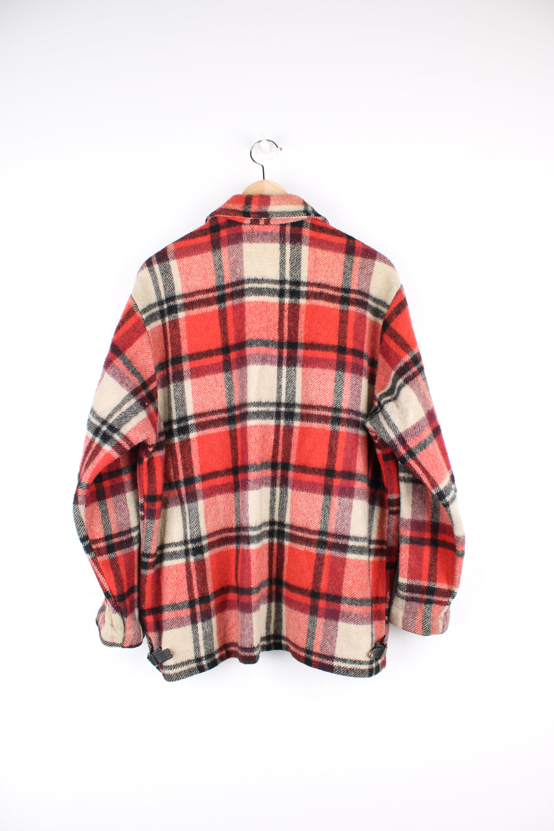 Vintage 60's Stagway Flannel Jacket in a red, black and tanned colourway, woollen, zip up with a big collar and has multiple pockets.