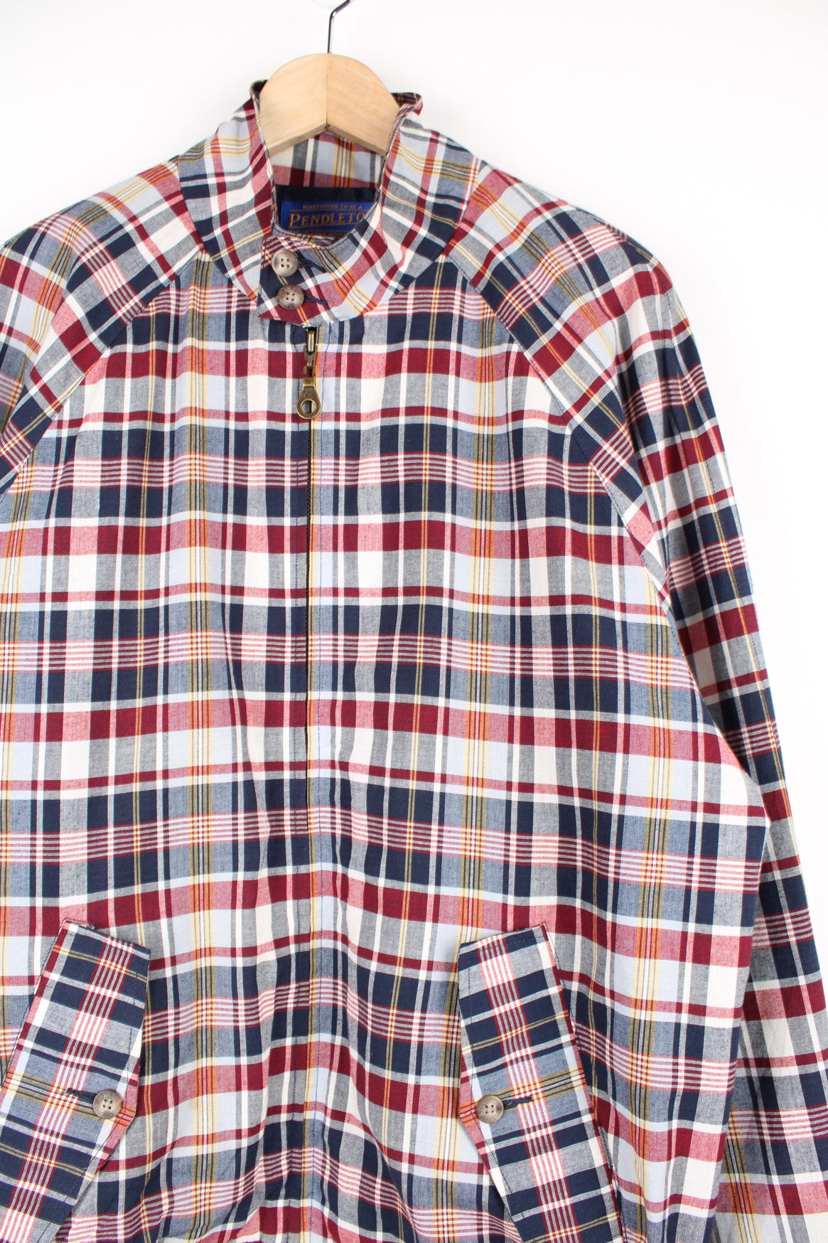 Pendleton Plaid Patterned Harrington Jacket in a red, blue, yellow and white colourway, zip up with side pockets.