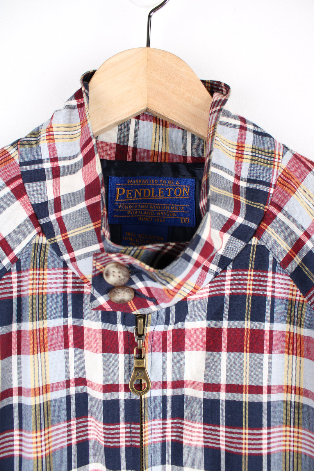 Pendleton Plaid Patterned Harrington Jacket in a red, blue, yellow and white colourway, zip up with side pockets.