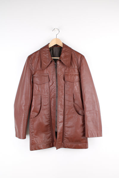 Vintage 70's Dagger Collar Leather Jacket in a brown colourway, zip up with multiple pockets.