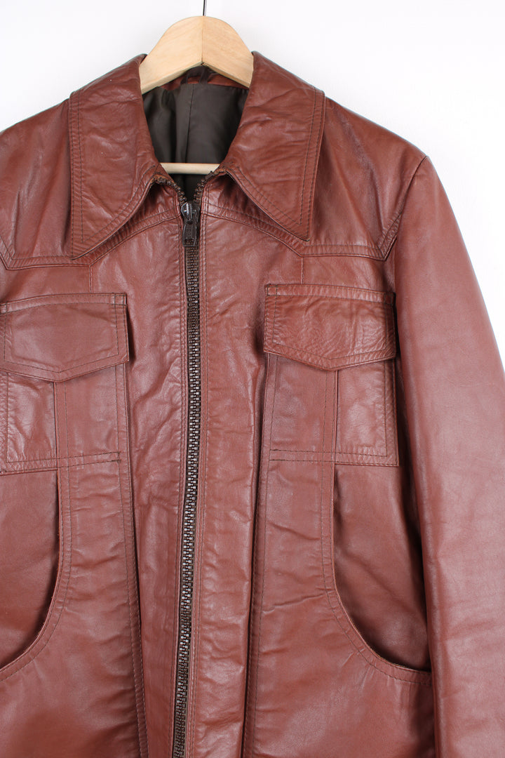 Vintage 70's Dagger Collar Leather Jacket in a brown colourway, zip up with multiple pockets.