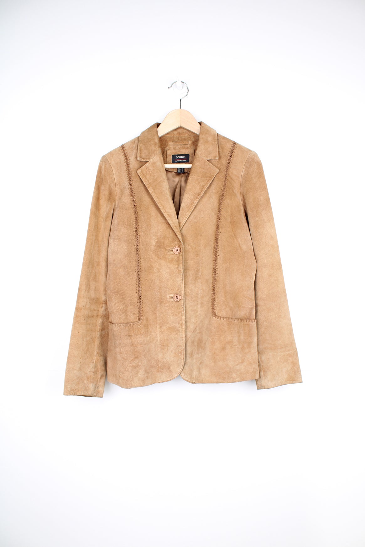 Y2K tan suede blazer style jacket with embroidered detailing by Sormet 