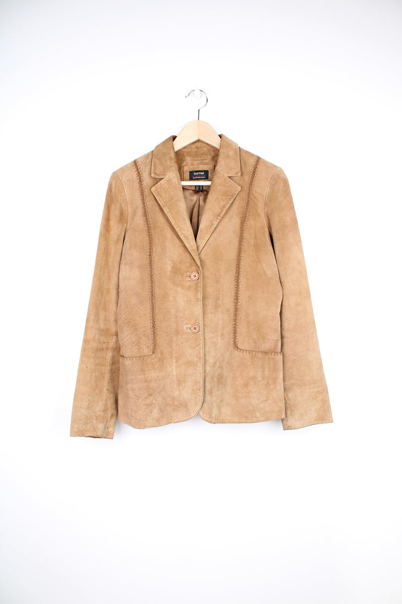 Y2K tan suede blazer style jacket with embroidered detailing by Sormet 