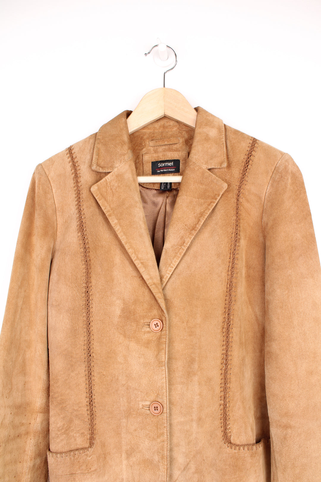 Y2K tan suede blazer style jacket with embroidered detailing by Sormet 