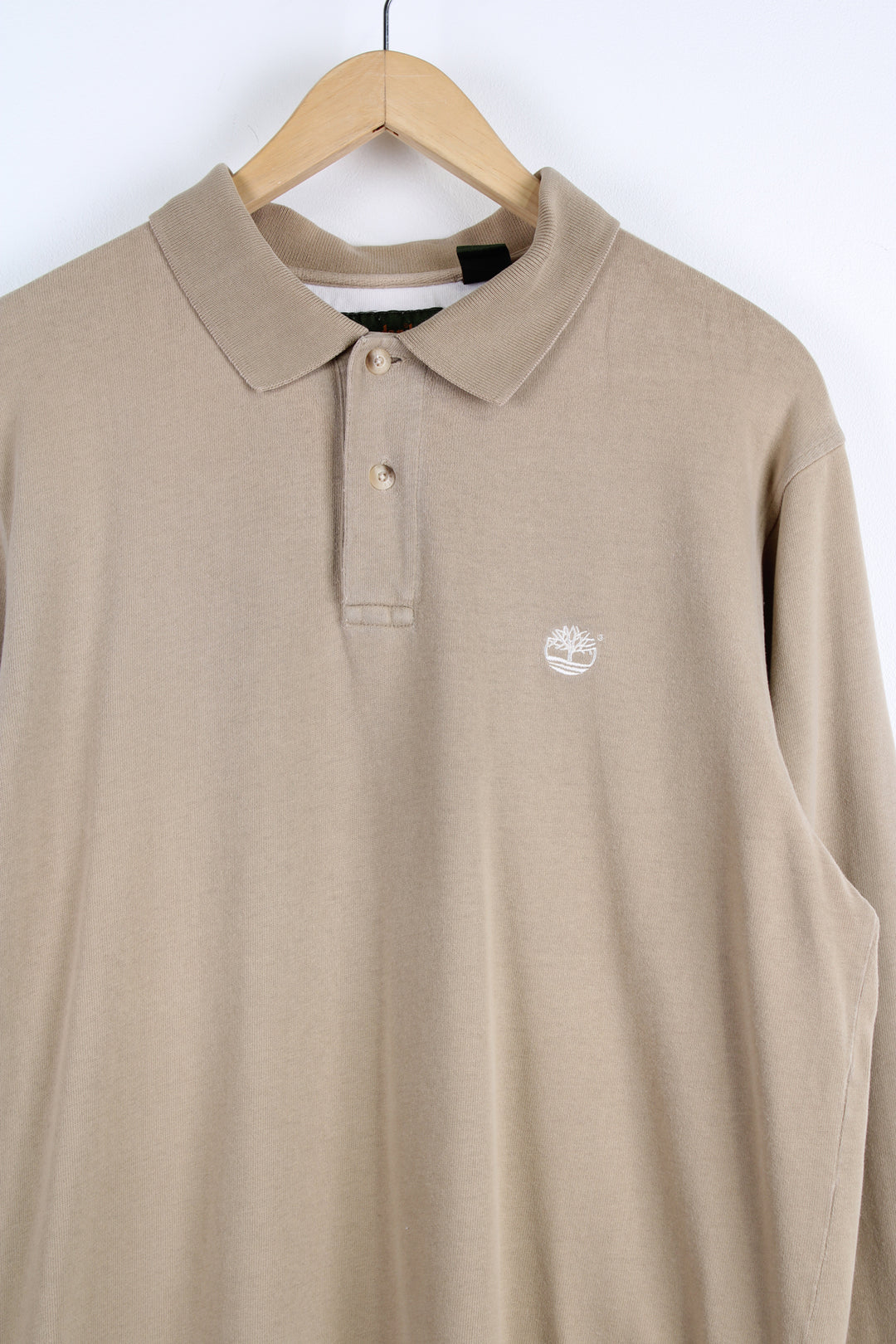 Vintage Timberland long sleeved tanned polo shirt with embroidered logo on the chest. 