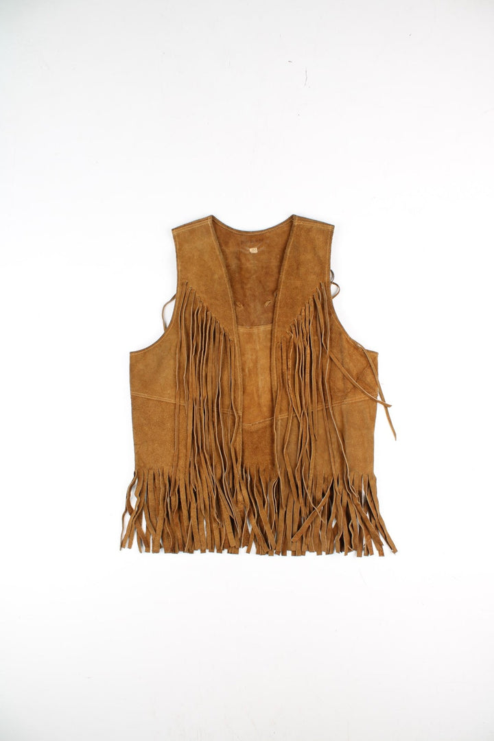 Vintage Western Suede Fringe Vest in a brown colourway. Loose vest which has no closure, fringe tassels on the front and back.