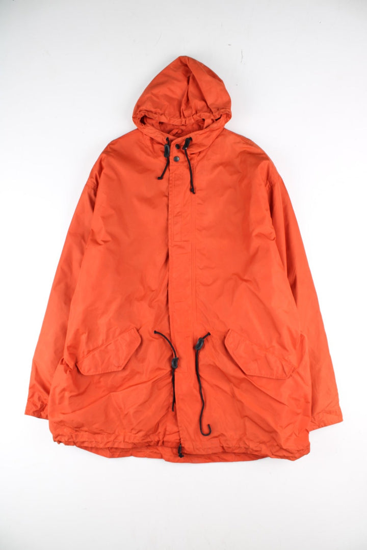 Vintage Polo Sport Ralph Lauren Mountain Parka Coat in a orange colourway. Zips up and has side pockets, insulated with a detachable fleece lining, hooded, and has the logo embroidered on the cuff of the left sleeve.