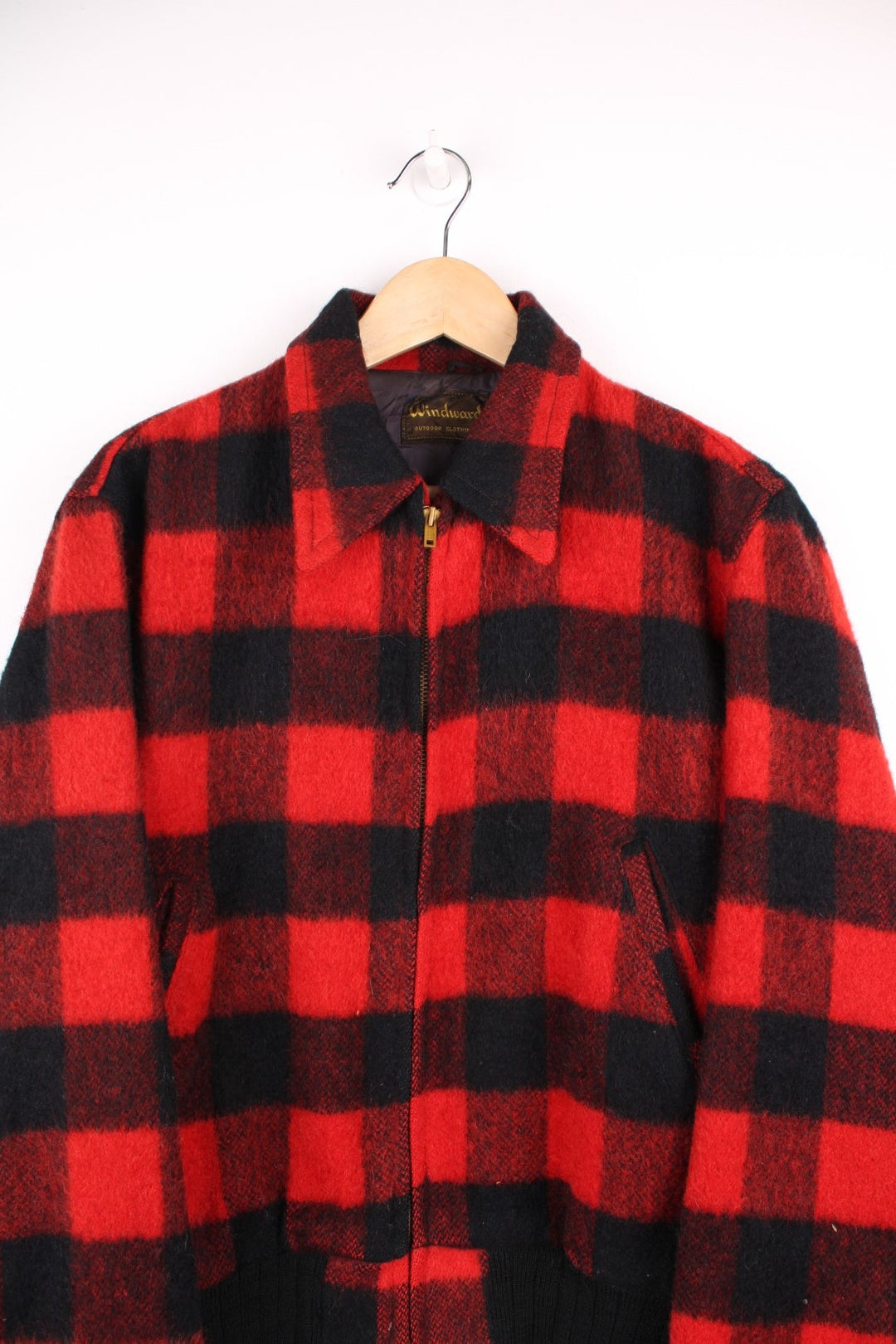 Vintage 60s/70s Windward Outdoor clothing zip through wool jacket in red and black check with double pockets and elasticated waistband.