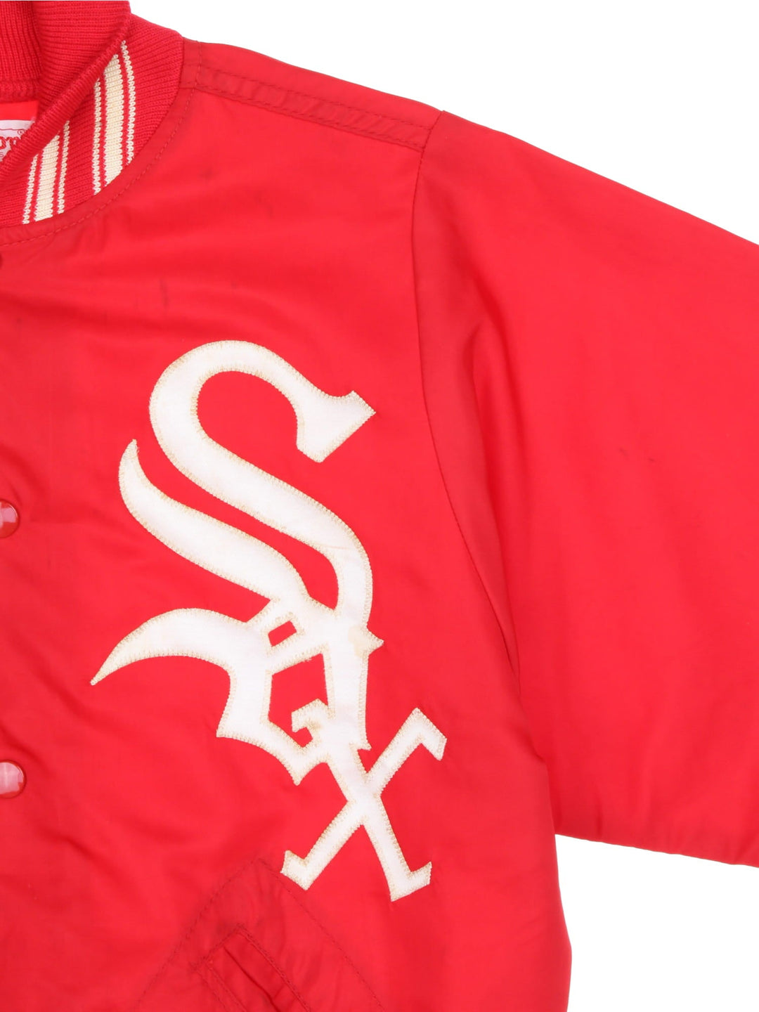 Vintage 1970s Wilson Chicago White Sox bomber jacket in a red colourway. The jacket has a large embroidered Red Sox Logo on the front. striped elasticated cuffs and hem, and two jetted pockets. Made in the USA. 