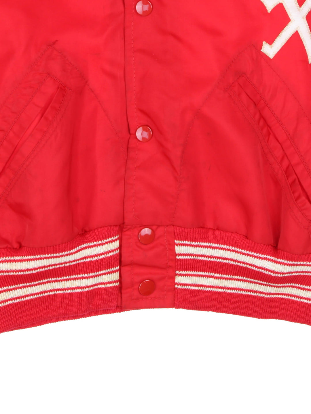 Vintage 1970s Wilson Chicago White Sox bomber jacket in a red colourway. The jacket has a large embroidered Red Sox Logo on the front. striped elasticated cuffs and hem, and two jetted pockets. Made in the USA. 