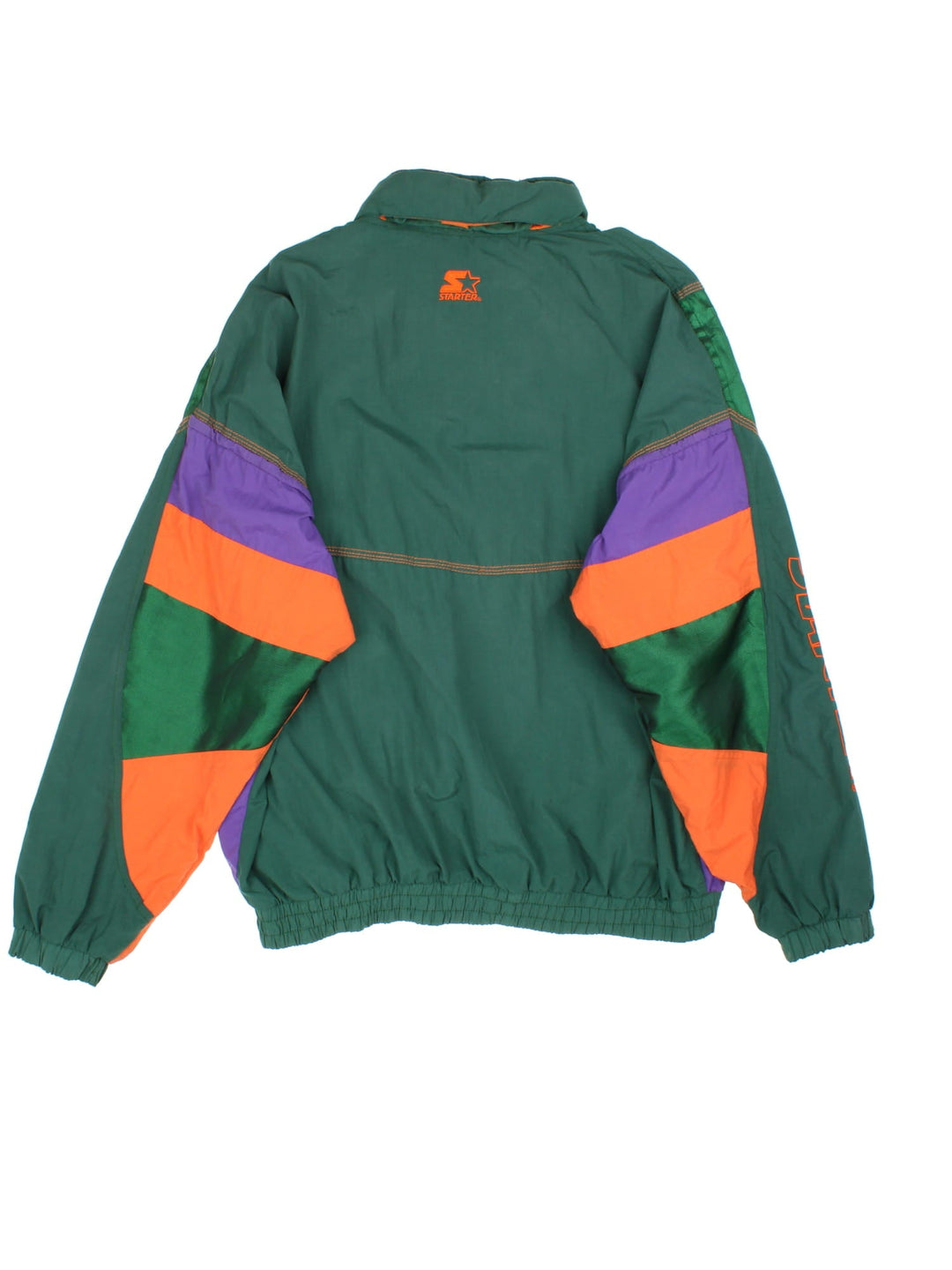 Vintage 1990s Starter Starter sports jacket in a green, orange and purple colourway. The jacket has multiple embroidered logos and graphics, a batwing sleeve shape and two zipped jetted pockets on the front. 