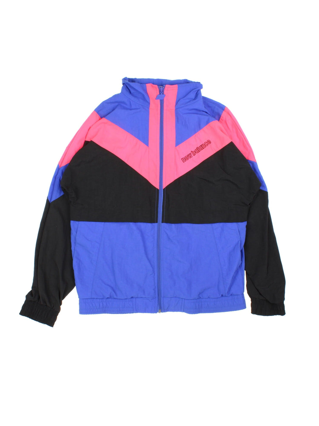 Vintage 1990s New Balance shell jacket in a blue, pink and black colourway. The jacket has a small embroidered New Balance logo, two side pockets and is lined with a cotton mesh fabric. 