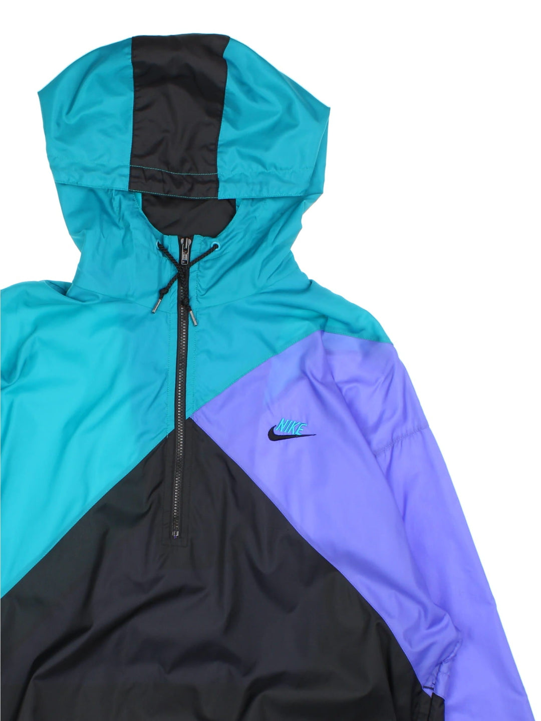 Vintage 1990s Nike 1/4 Zip Jacket in a black turquoise and purple colourway. The jacket has a small nike embroidered logo on the front and two side pockets.