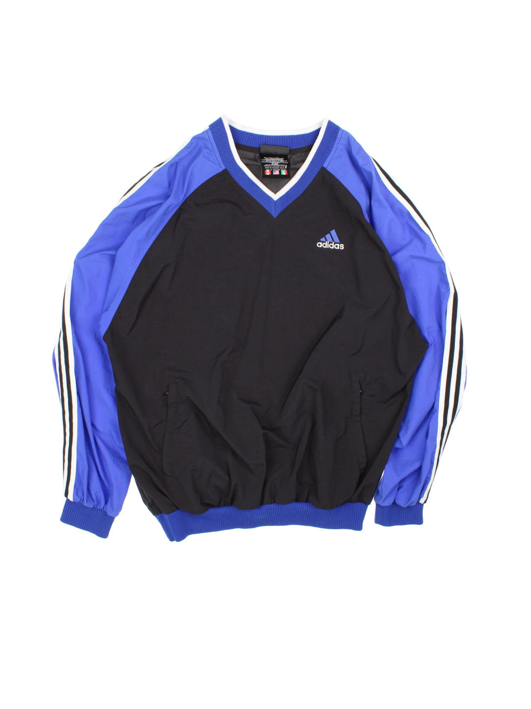 Vintage 1990s Adidas drill top in a black and blue colourway. The top has the traditional 3 stripes down the sleeves and an embroidered logo on the front. 