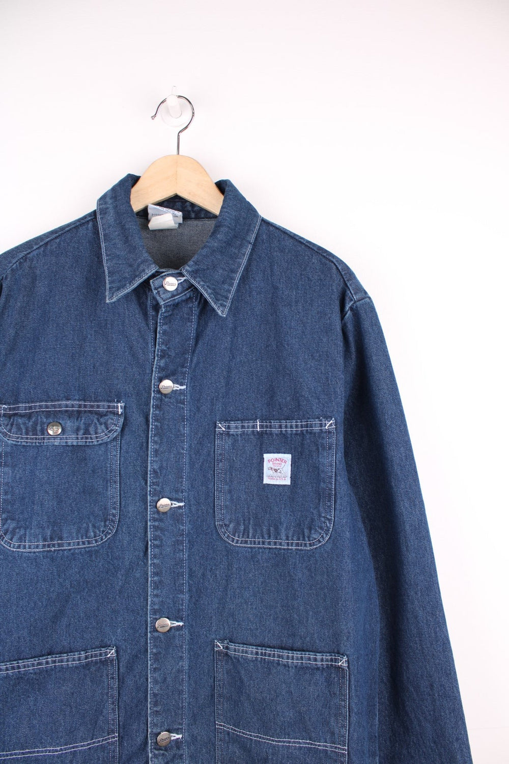 Vintage Pointer Brand denim chore jacket. Features multiple pockets and embroidered logo.