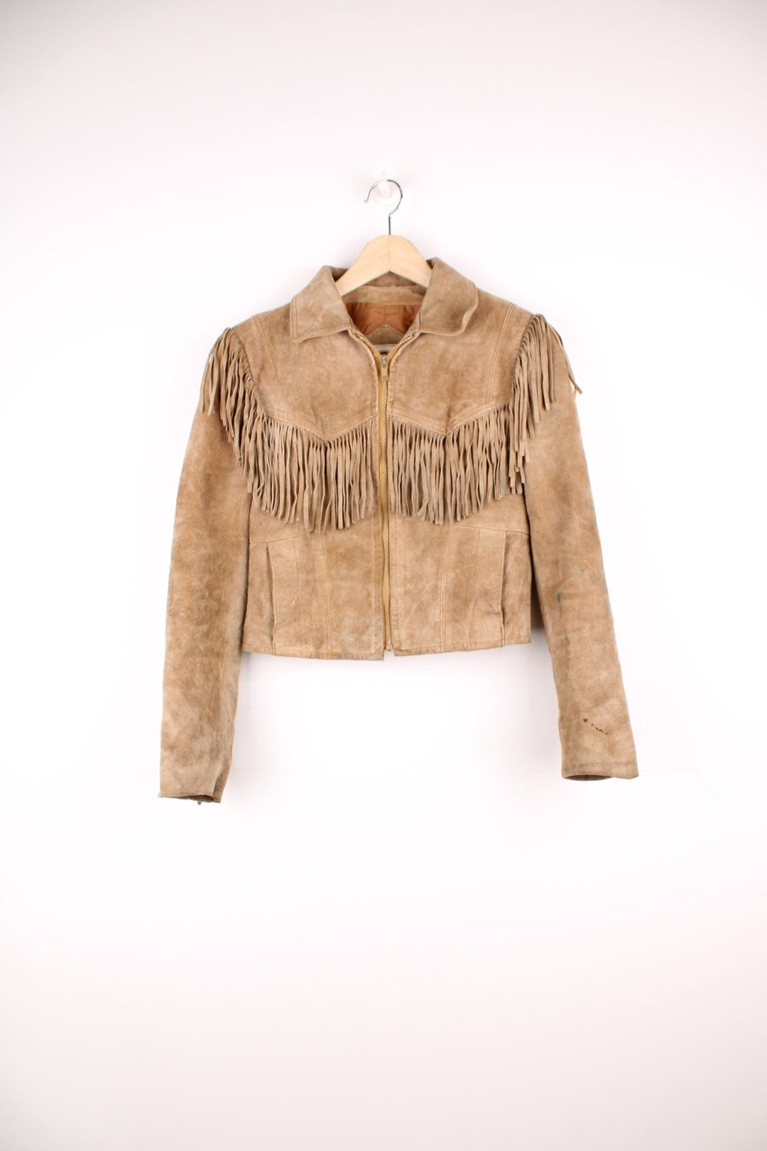 Vintage Berman's The Leather Experts tan zip through suede fringe jacket. 