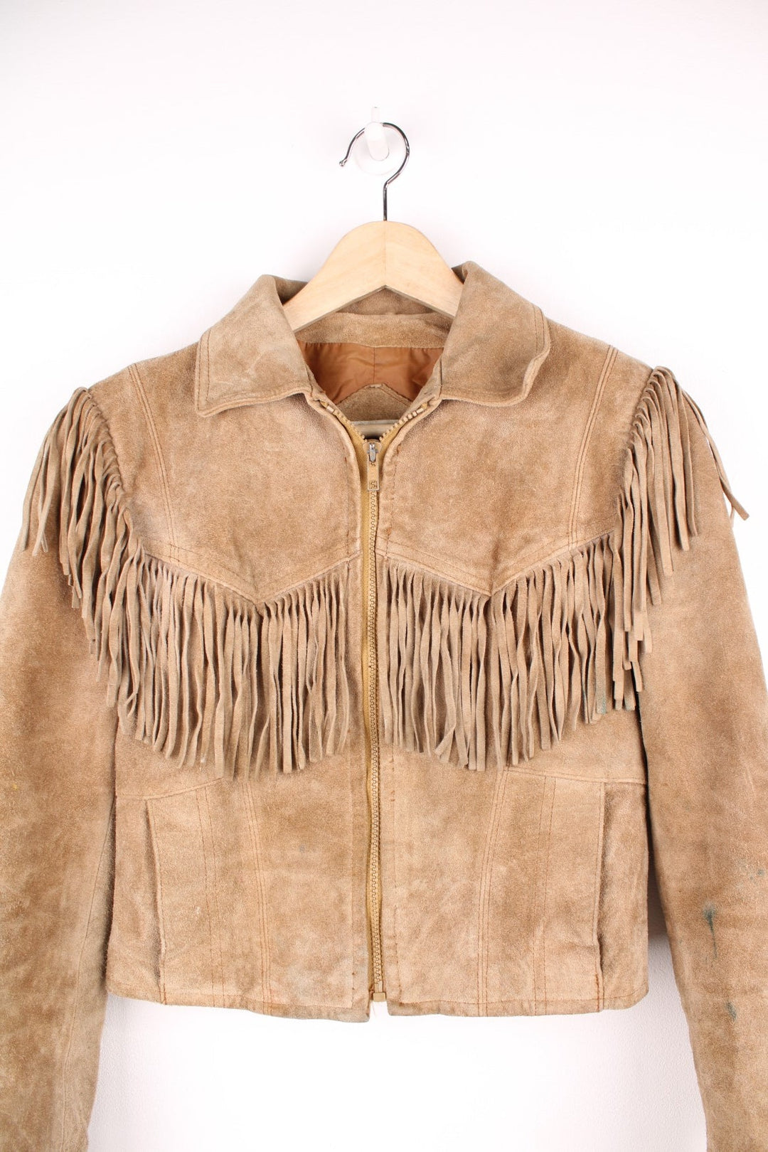 Vintage Berman's The Leather Experts tan zip through suede fringe jacket. 