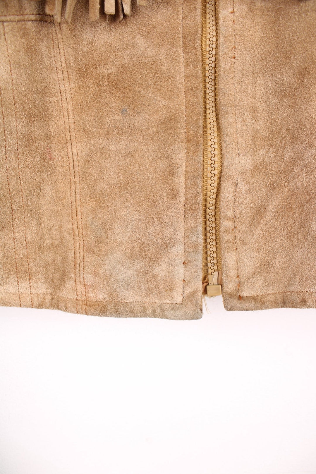 Vintage Berman's The Leather Experts tan zip through suede fringe jacket. 