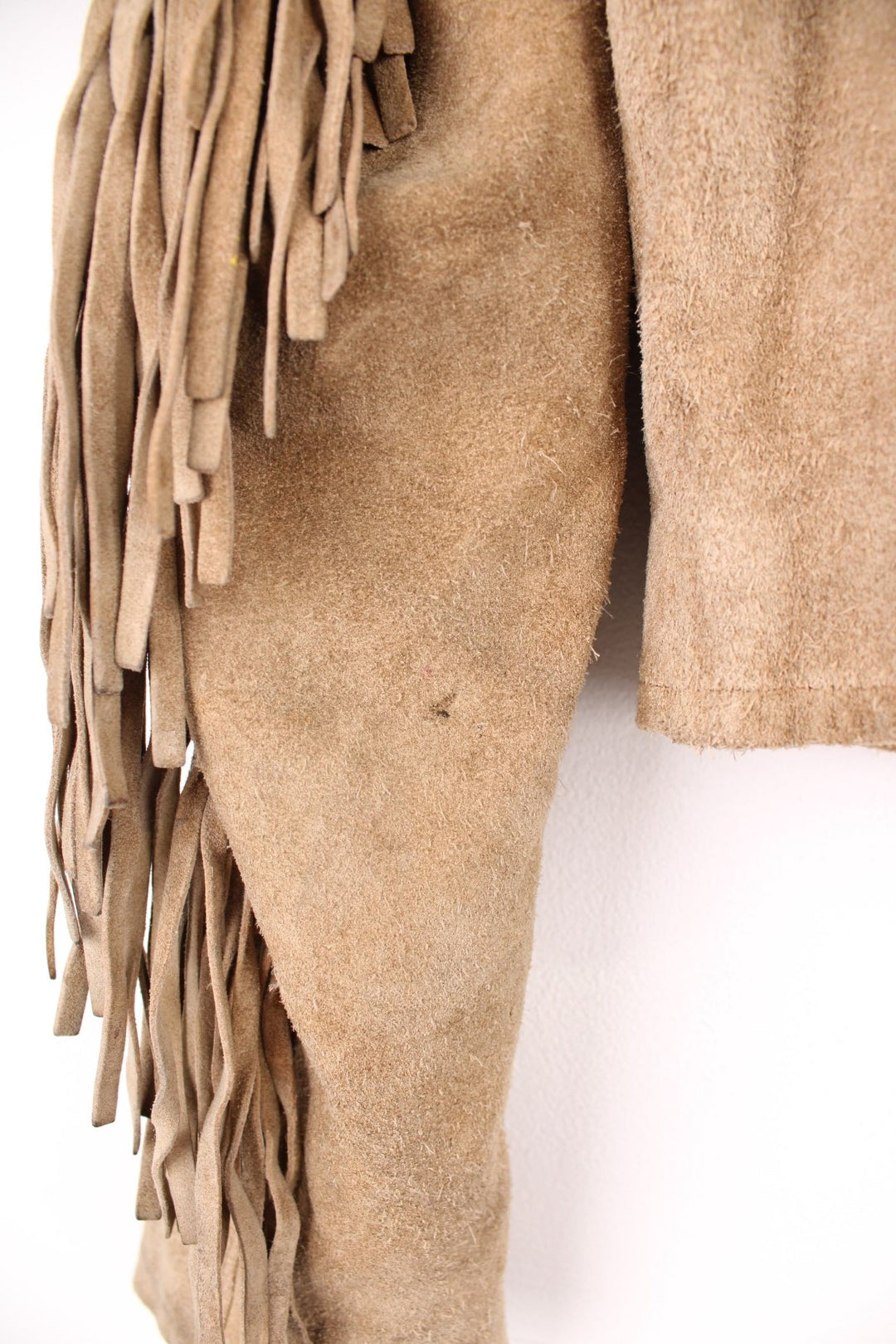 Vintage Berman's The Leather Experts tan zip through suede fringe jacket. 