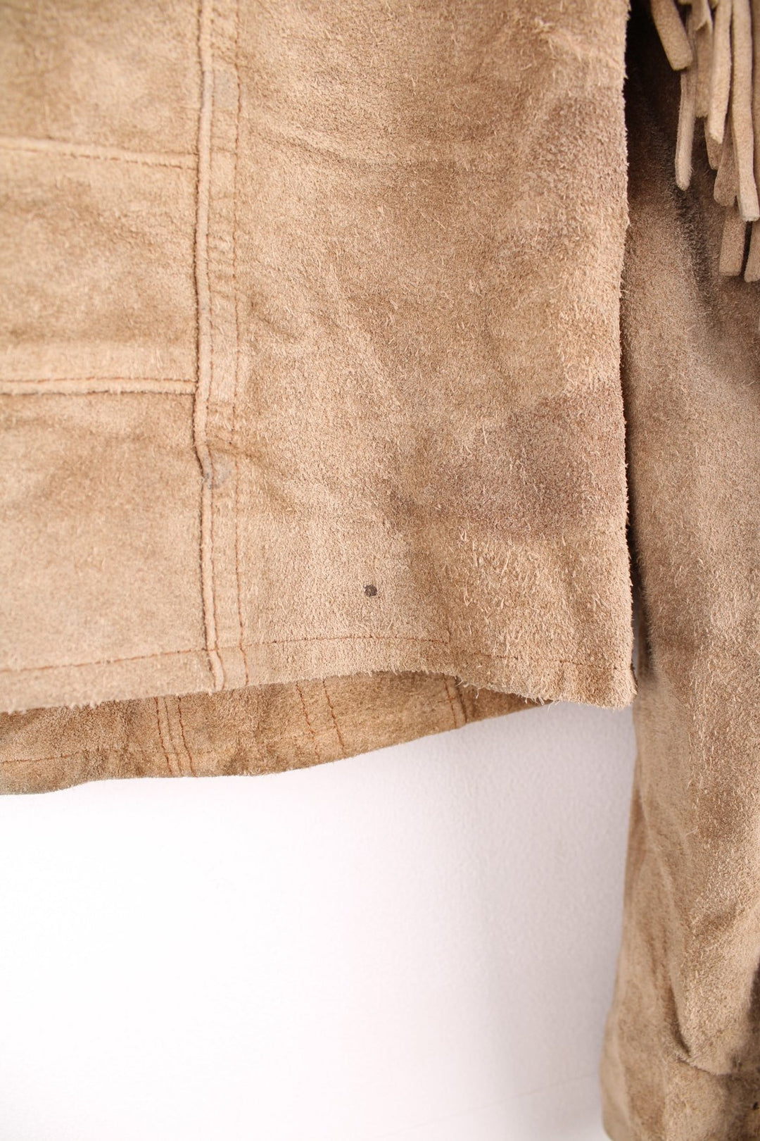 Vintage Berman's The Leather Experts tan zip through suede fringe jacket. 