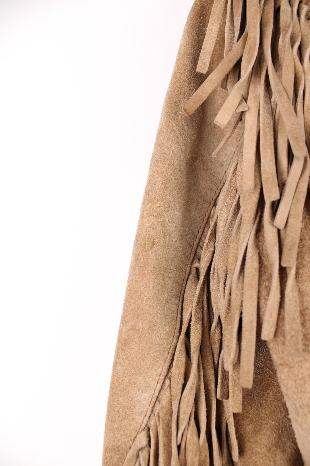 Vintage Berman's The Leather Experts tan zip through suede fringe jacket. 