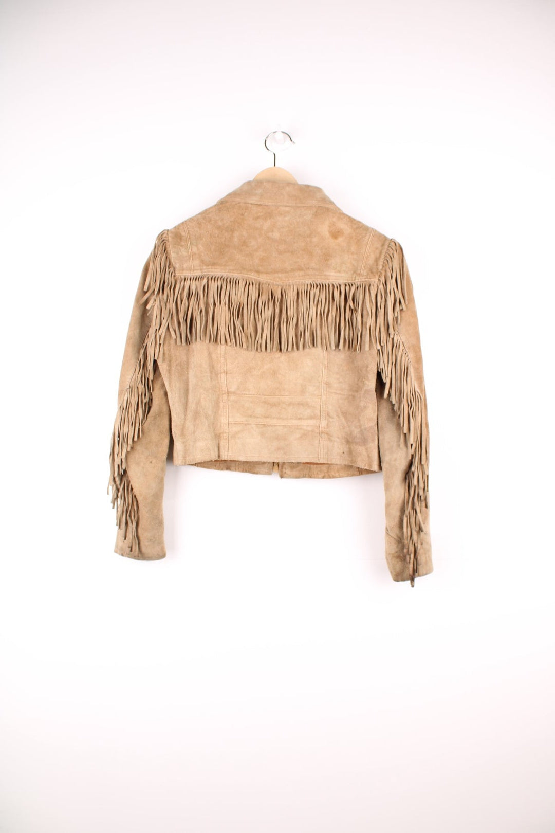 Vintage Berman's The Leather Experts tan zip through suede fringe jacket. 