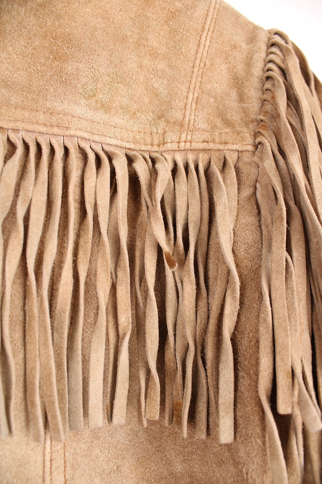 Vintage Berman's The Leather Experts tan zip through suede fringe jacket. 