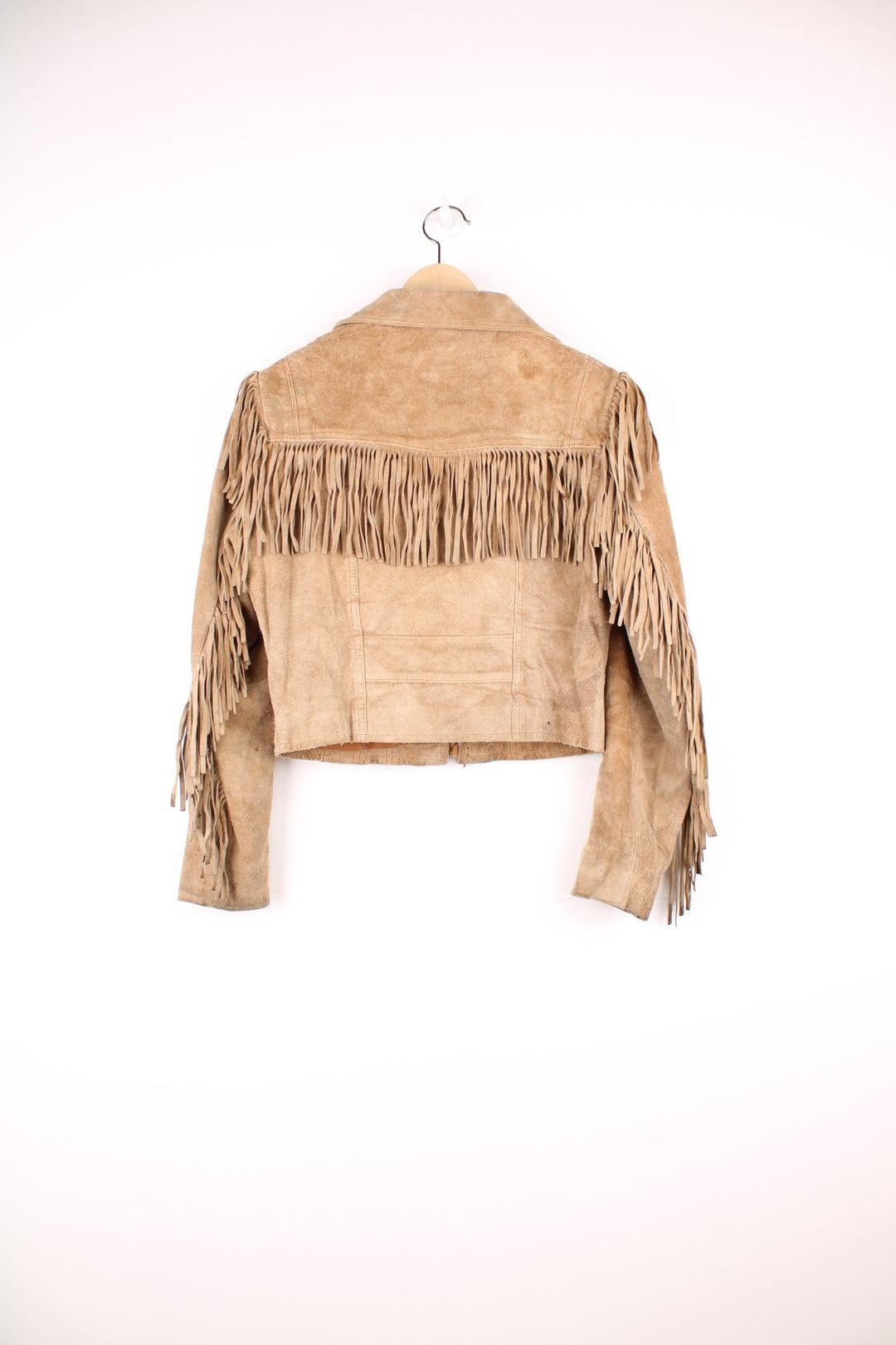 Vintage Berman's The Leather Experts tan zip through suede fringe jacket. 