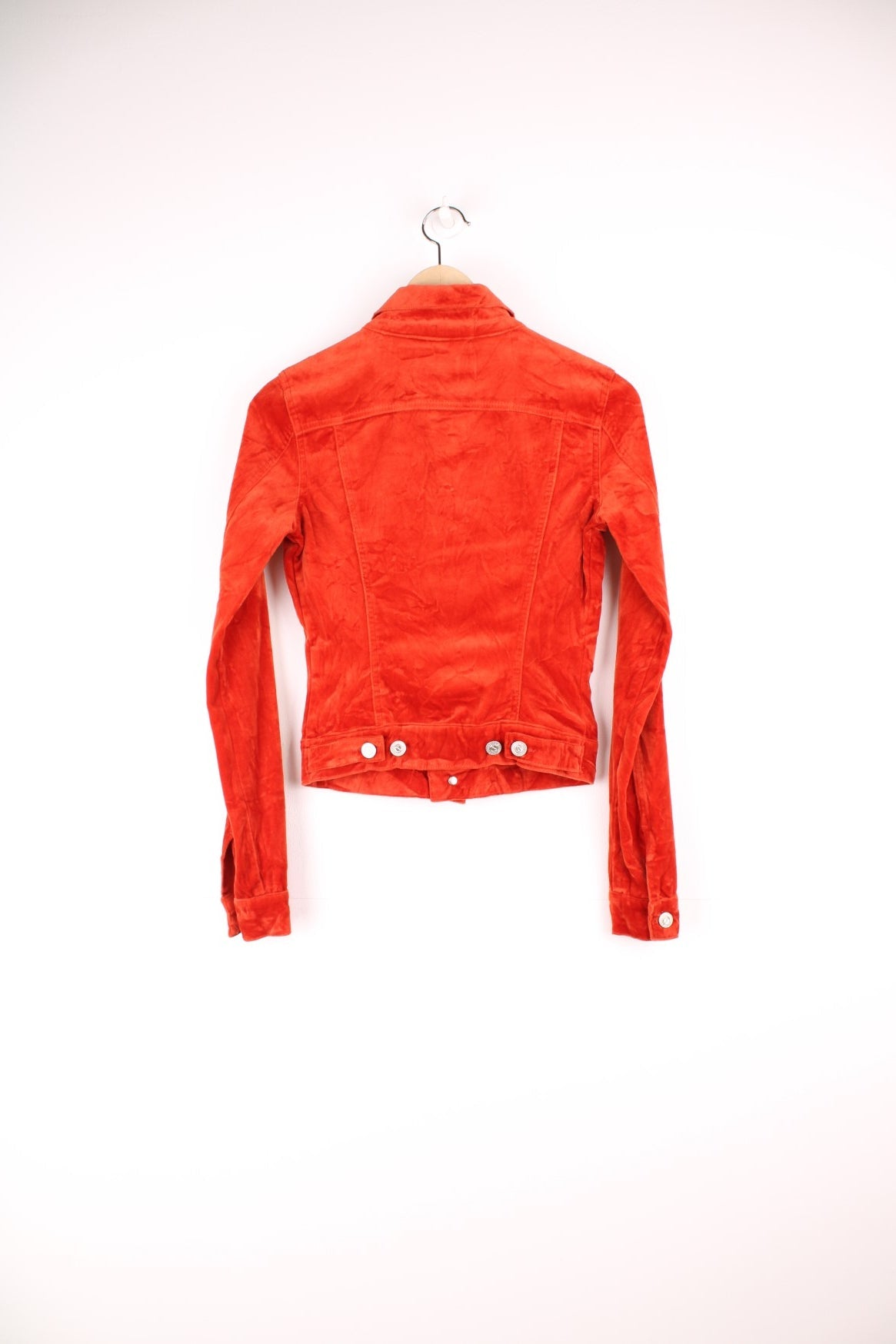 Vintage Y2K Juicy Couture fitted velour button through jacket in burnt orange. Features chest pockets, blue tab spell out logo and embellished "Juicy Couture" silver buttons.