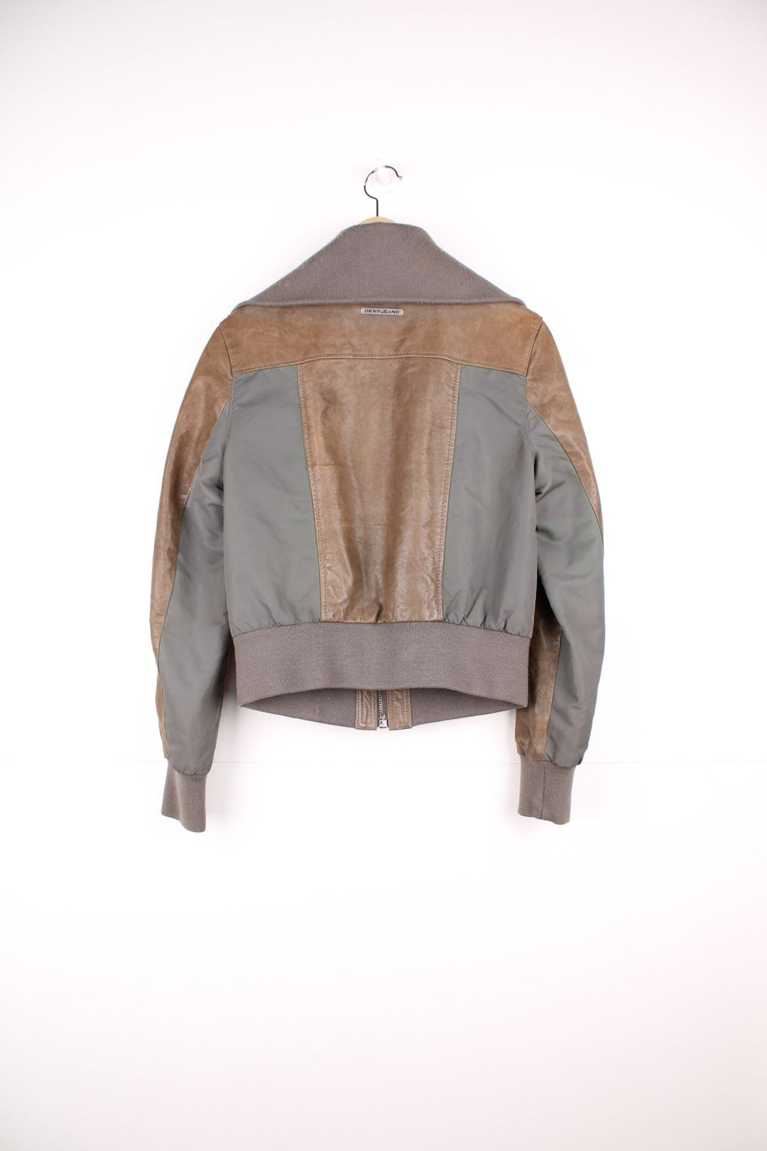 DKNY brown and grey panelled leather bomber jacket with zip closure and four pockets.  