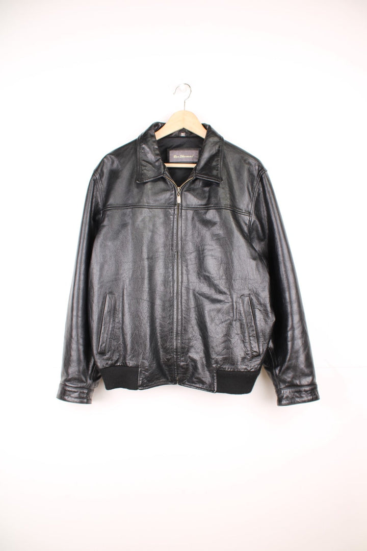 Black Ben Sherman zip-through leather jacket with collar and two side pockets. 