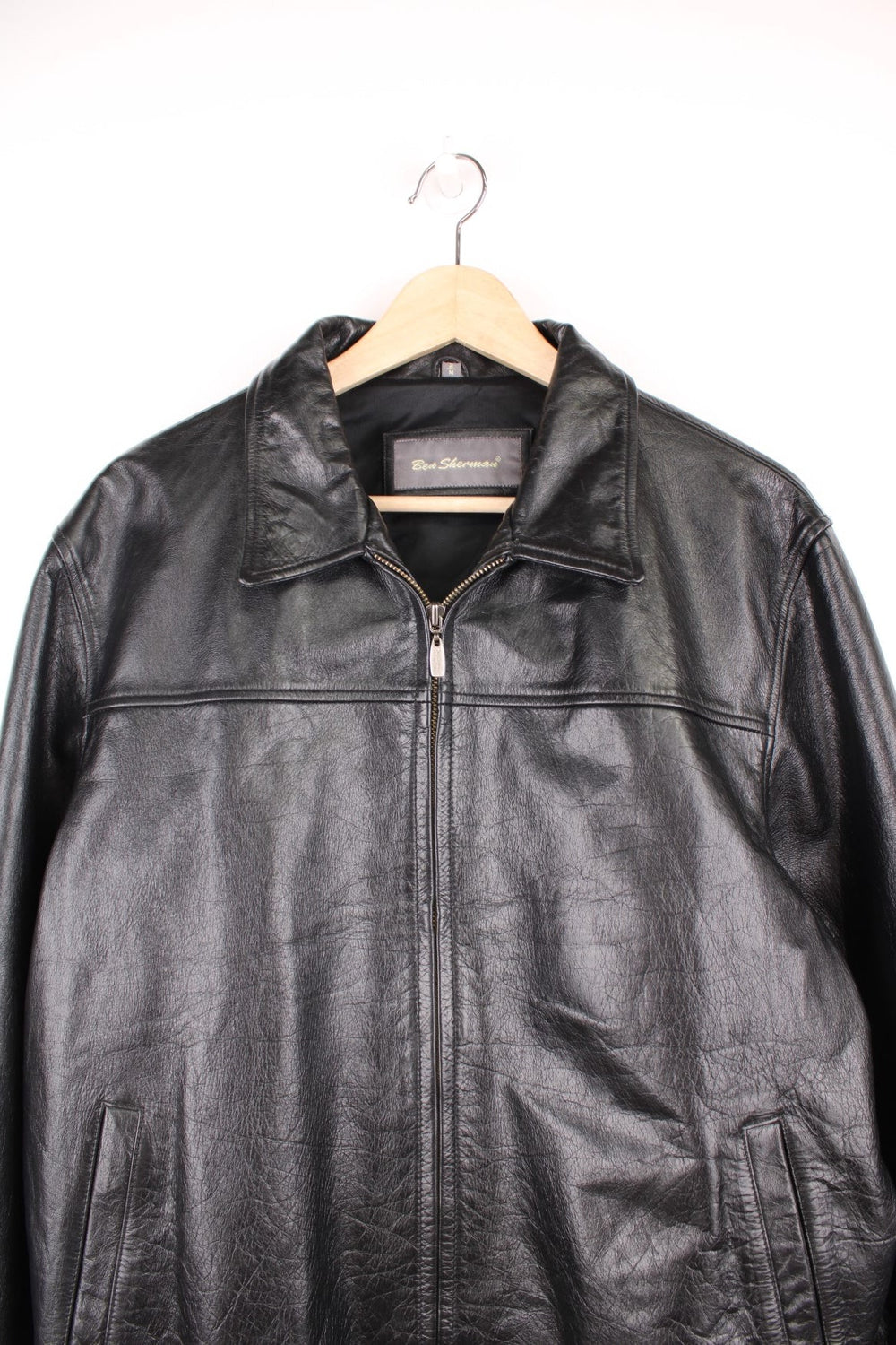 Black Ben Sherman zip-through leather jacket with collar and two side pockets. 