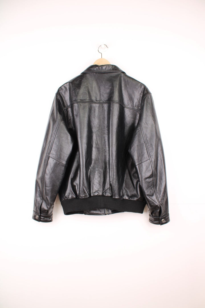 Black Ben Sherman zip-through leather jacket with collar and two side pockets. 