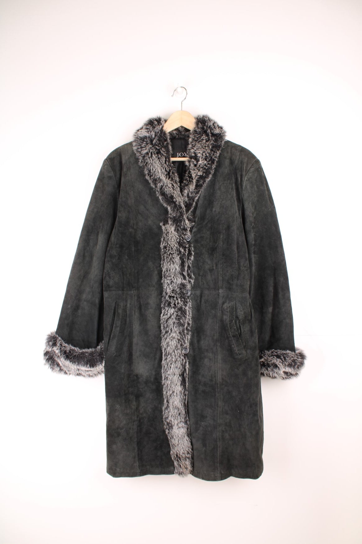 JOY Afghan coat in black suede with faux fur trim, button closure and two side pockets. 