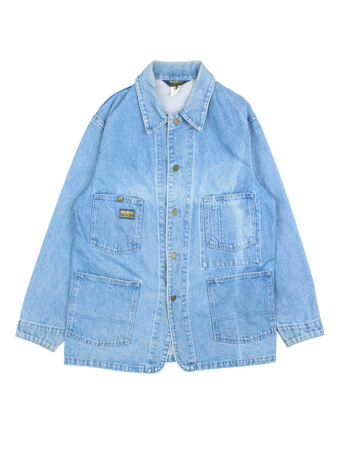 Vintage OshKosh B'Gosh Workwear denim Jacket in a blue colourway. Buttons up with 4 patch pockets, Osh Kosh patch logo on front.