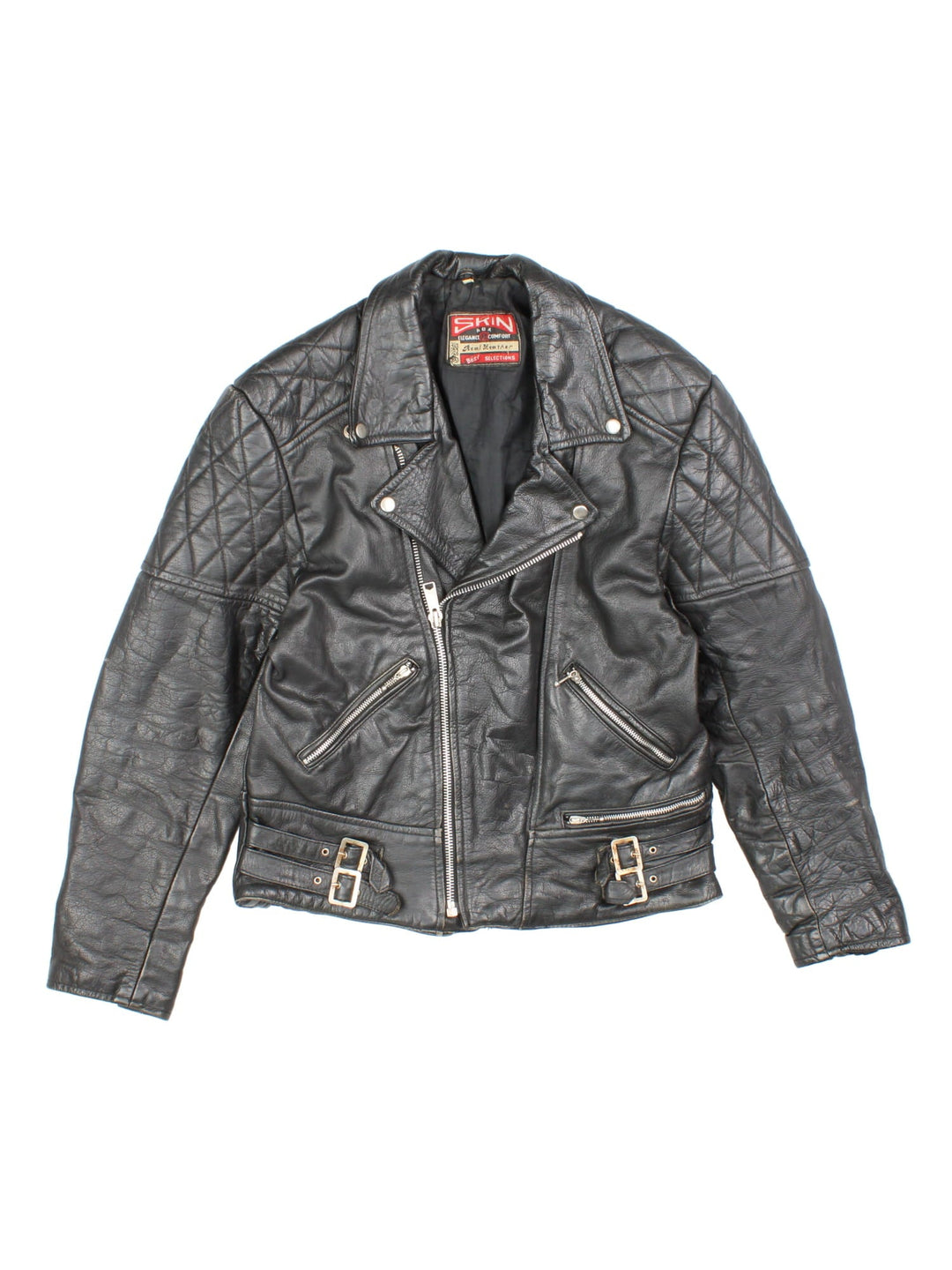 Vintage Leather Biker Jacket in a black colourway, features zip up pockets, motorcycle detailing and  buckle details on the hips