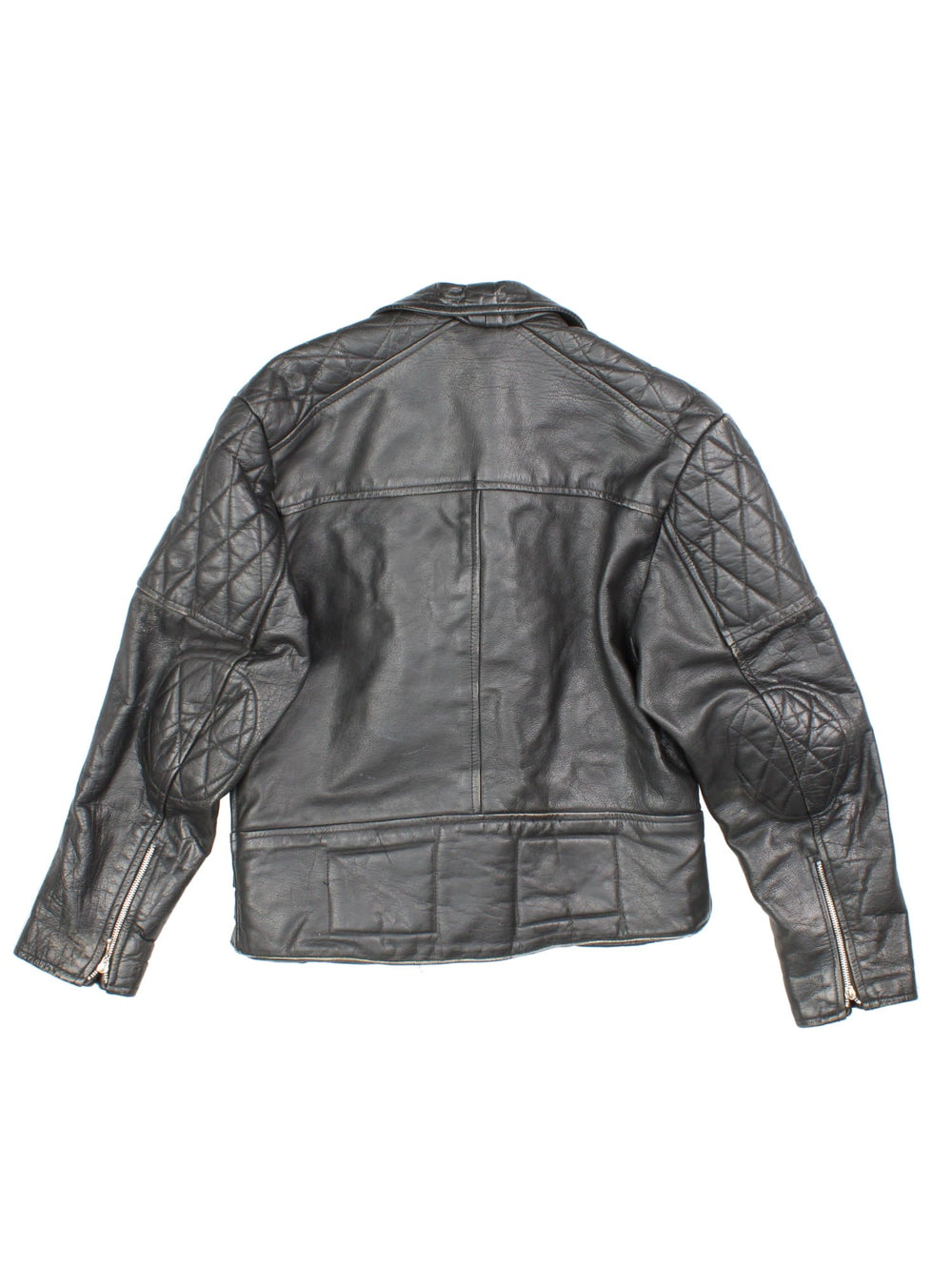 Vintage Leather Biker Jacket in a black colourway, features zip up pockets, motorcycle detailing and  buckle details on the hips