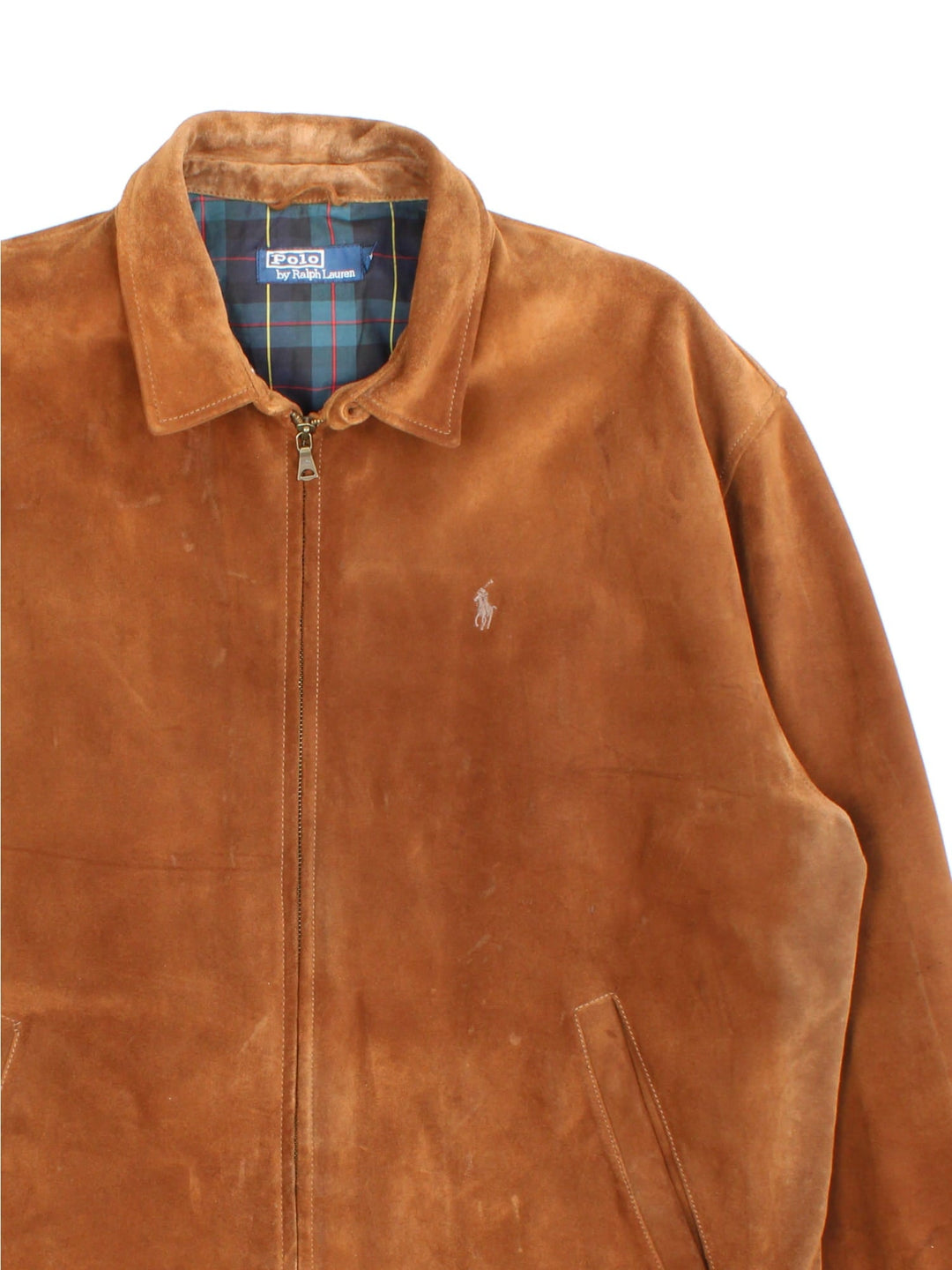 Vintage Polo Ralph Lauren Suede Harrington Jacket in a brown colourway. Zip fastening with checked lining, signature embroidered logo on the chest. 