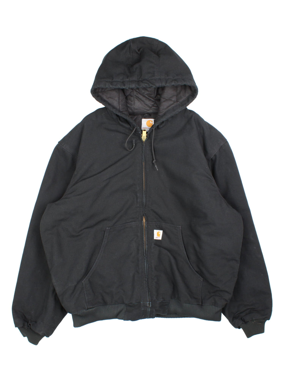 Vintage Carhartt Active Jacket in a black colourway. Zip up fastening, with hood and x 2 front pockets. Quilted lining with x 2 interior pockets and Carhartt branding on front. 