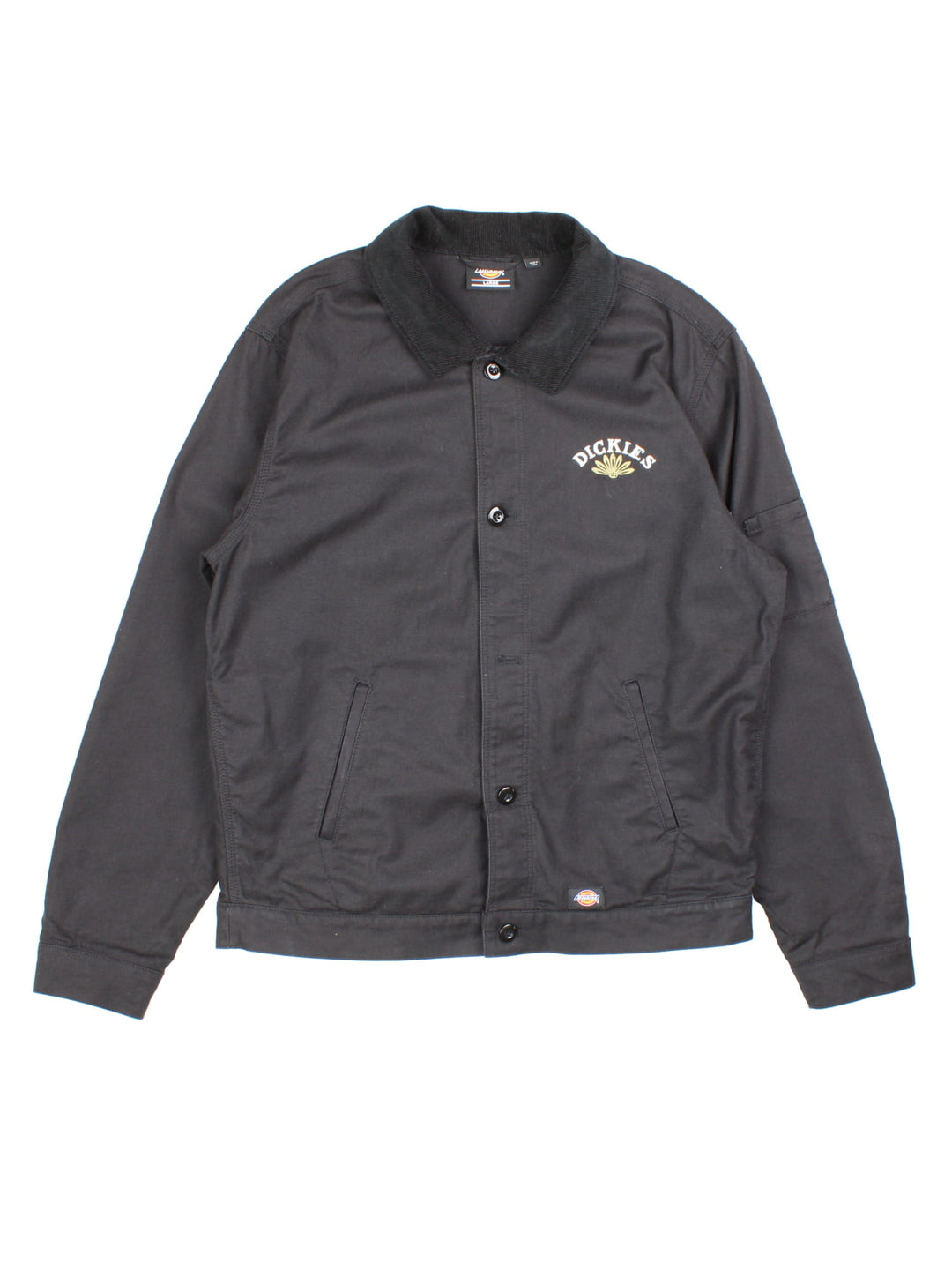 Vintage Dickies x Fort Lewis Embroidered Jacket in a black colourway. Buttons up, with side pockets and corduroy detail collar. Embroided branding on front and back.