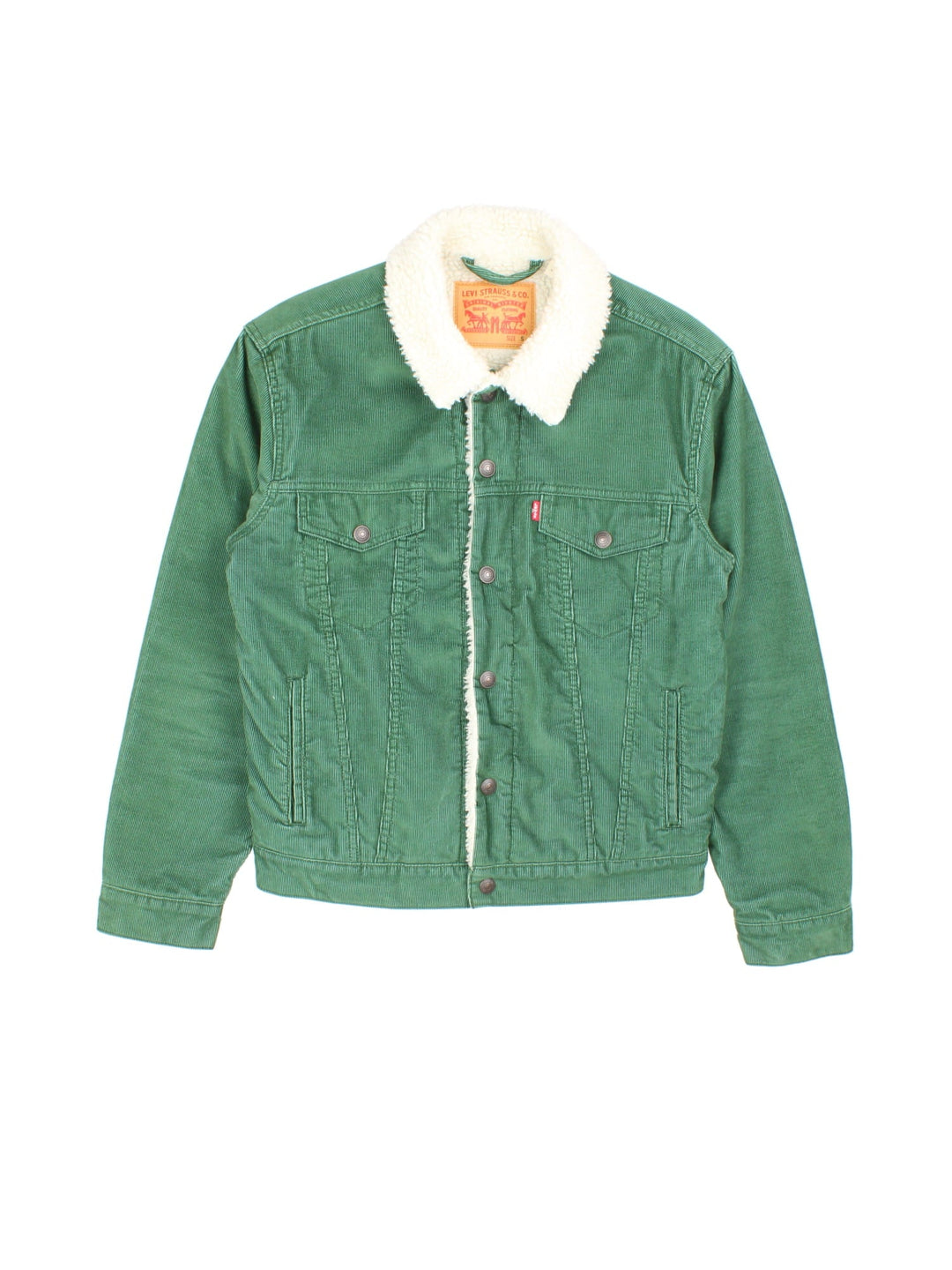 Vintage Levi Strauss Cord Sherpa Jacket in a green colourway. Buttons up and has side pockets, insulated with a contrast sherpa lining. Red tab logo on top pocket.