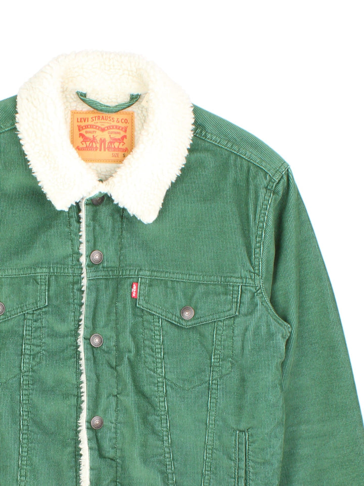 Vintage Levi Strauss Cord Sherpa Jacket in a green colourway. Buttons up and has side pockets, insulated with a contrast sherpa lining. Red tab logo on top pocket.