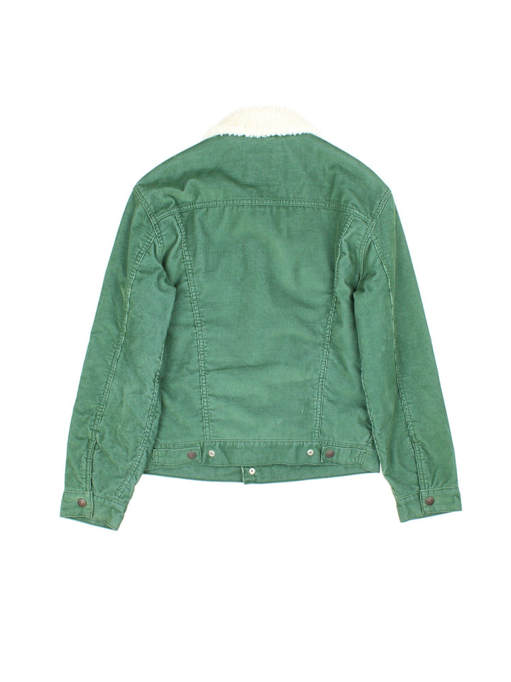 Vintage Levi Strauss Cord Sherpa Jacket in a green colourway. Buttons up and has side pockets, insulated with a contrast sherpa lining. Red tab logo on top pocket.